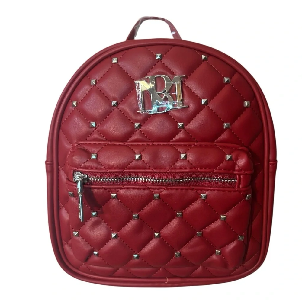 NWT Badgley Mischka Mini Backpack Red Quilted Silver Studded Vegan Leather NEW